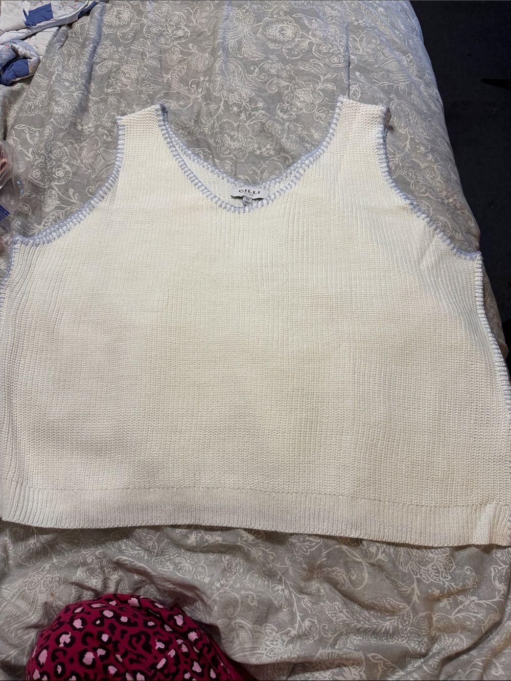 Gilli Ivory Knit Sweater Vest with Light Blue Crochet Trim